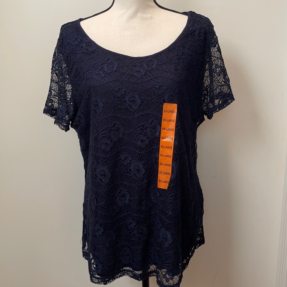 Navy Crochet Short Sleeve Blouse